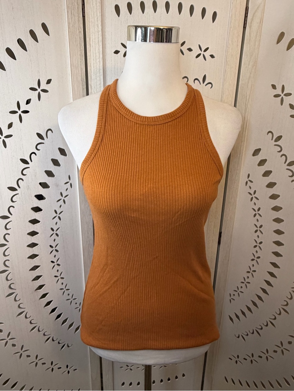 Ribbed High Neck Tank Top - Rust Orange